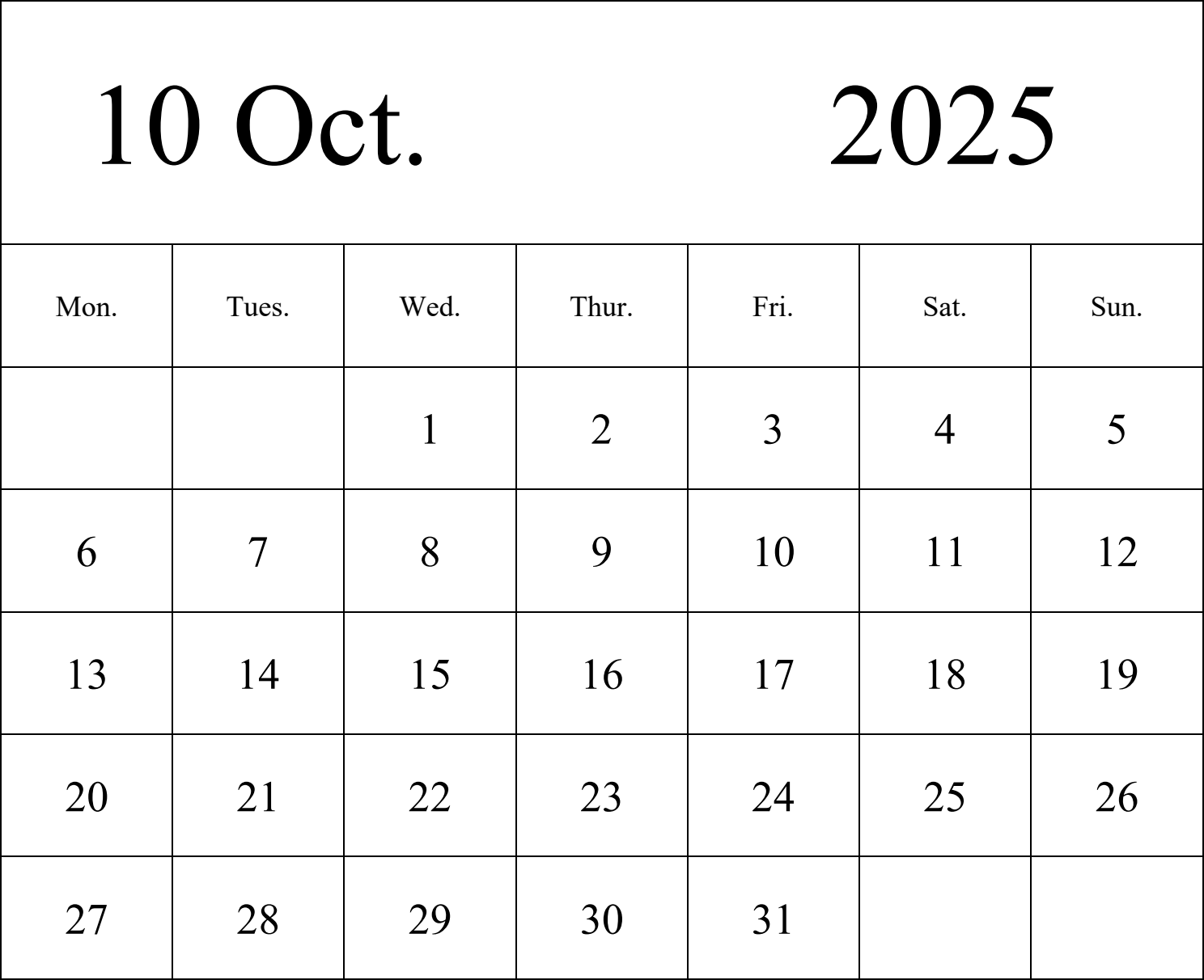 日历表2025年日历 英文版 纵向排版 周一开始